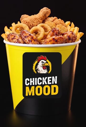 Vedro Mood — opekané zemiaky 200 g, hranolky 200 g, cibuľové krúžky 100 g, nugetky 170 g, 2× stehno obaľované, 6 ks krídla